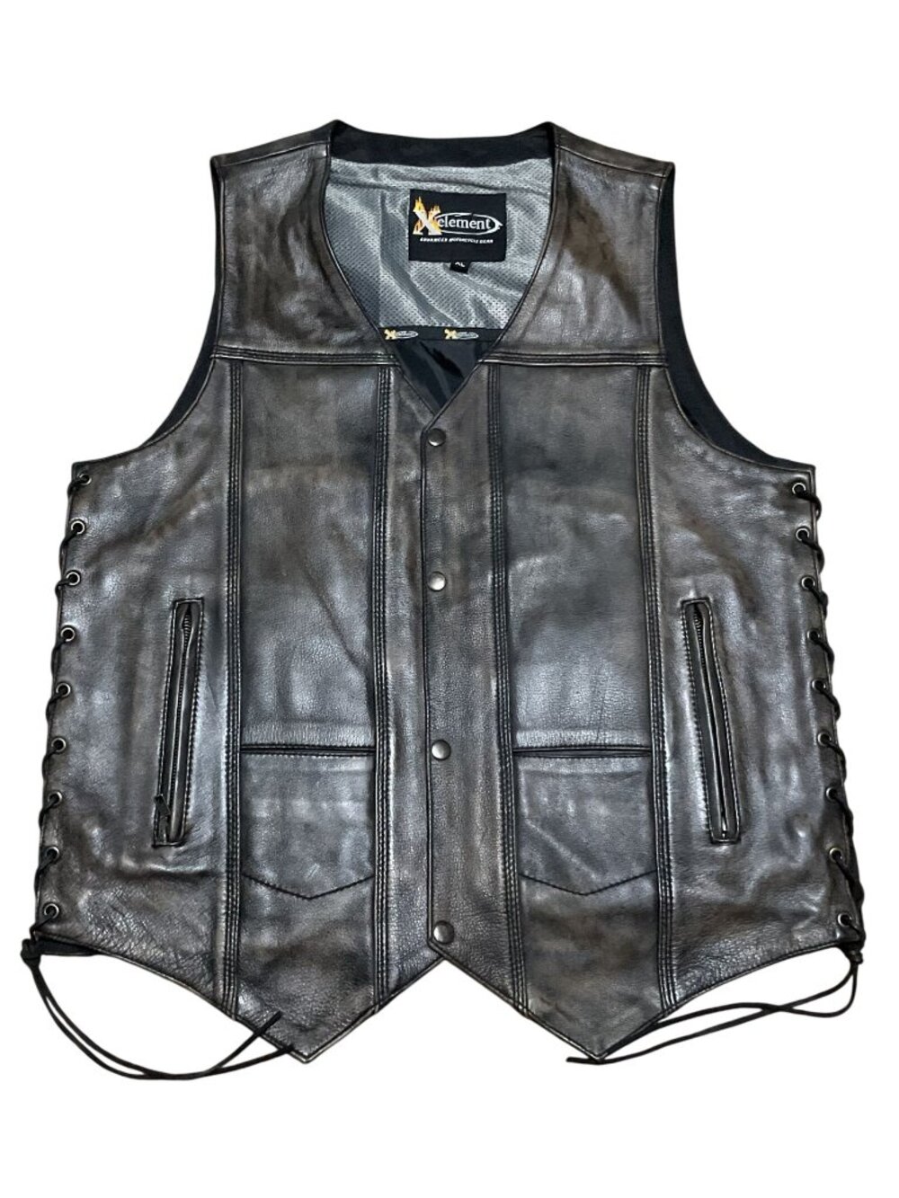 Xelement Mens Black Leather Motorcycle Vest XL With Side Laces & Snap Closure
